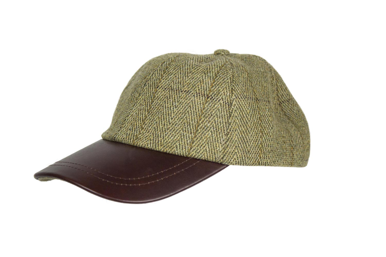 Edinburghoutdoorwear Leather Peak Tweed Baseball Cap Sage Edinburgh