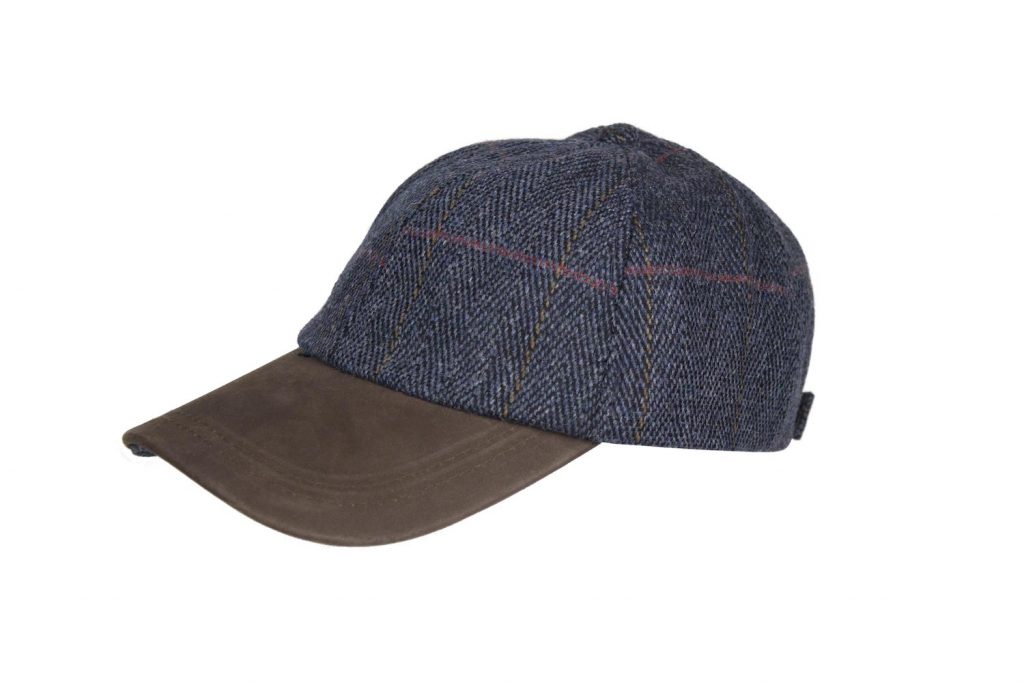 Edinburgh Outdoor Wear Leather Peak Tweed Baseball Cap Navy
