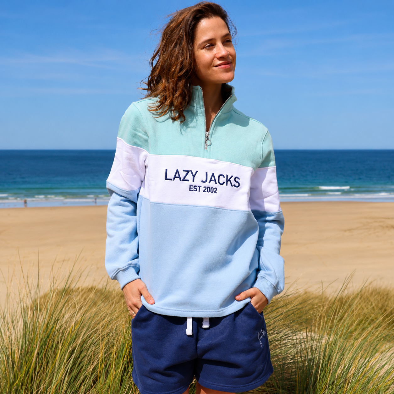 Lazy Jacks Women's LJ322 1/4 Zip Sweatshirt - Sky/Mint