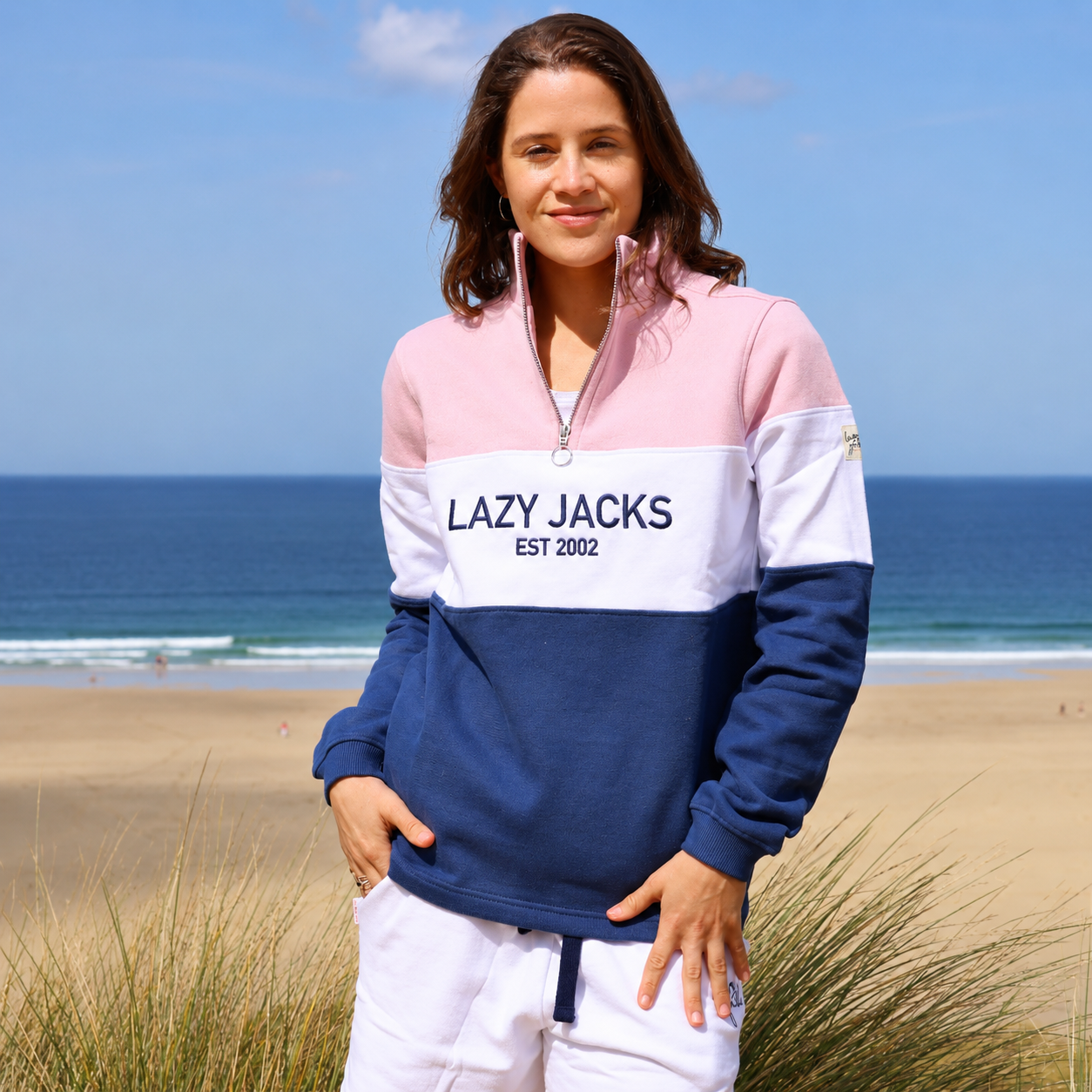 Lazy Jacks Women's LJ322 1/4 Zip Sweatshirt - Pink/Denim
