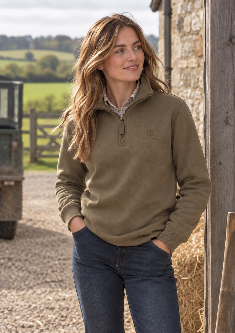 Oxford Blue Ladies 1/4 Zip Ayr Sweatshirt - Dark Beige