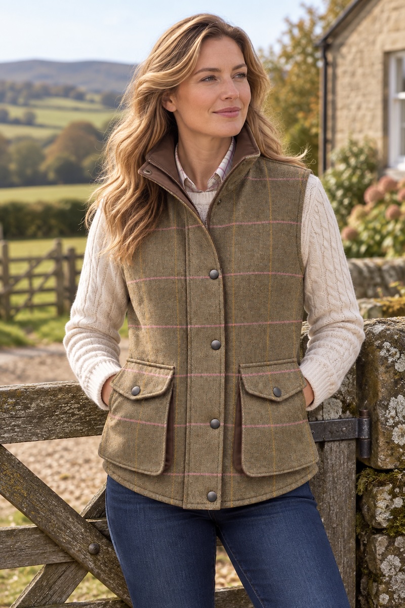 Regents View Ladies Tweed Gilet - Pink/Yellow
