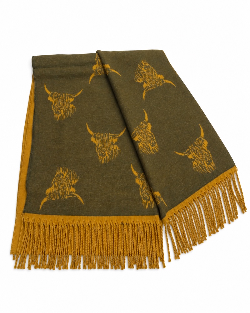 Ladies Highland Cow Scarf - Yellow/Grey