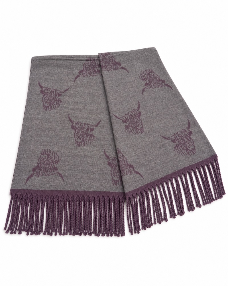 Ladies Highland Cow Scarf - Purple/Grey